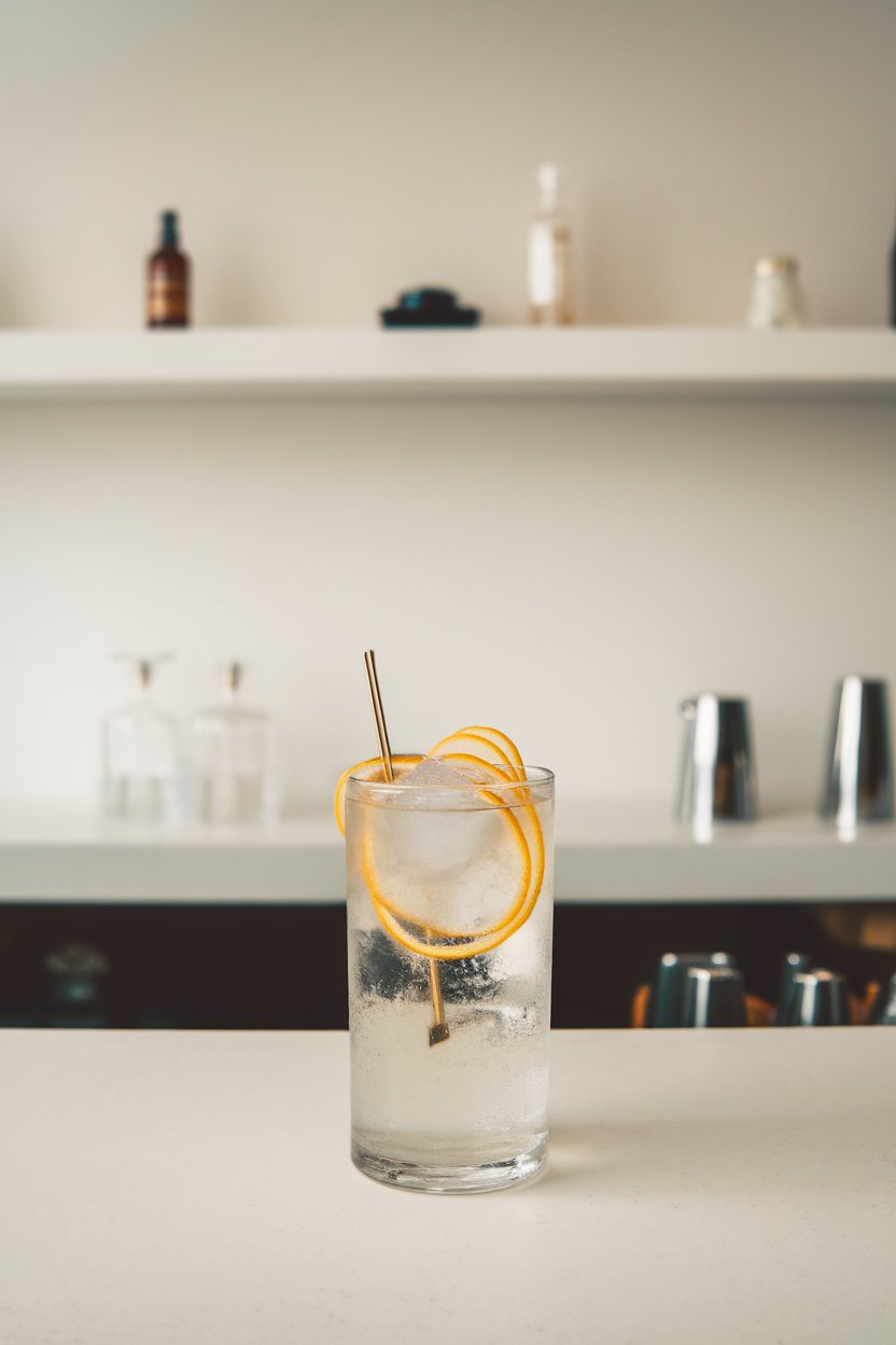 An indoor minimalist bar with a highball Yuzu Gin Tonic containing large clear ice, thin wheels of yuzu. No text or logos.
