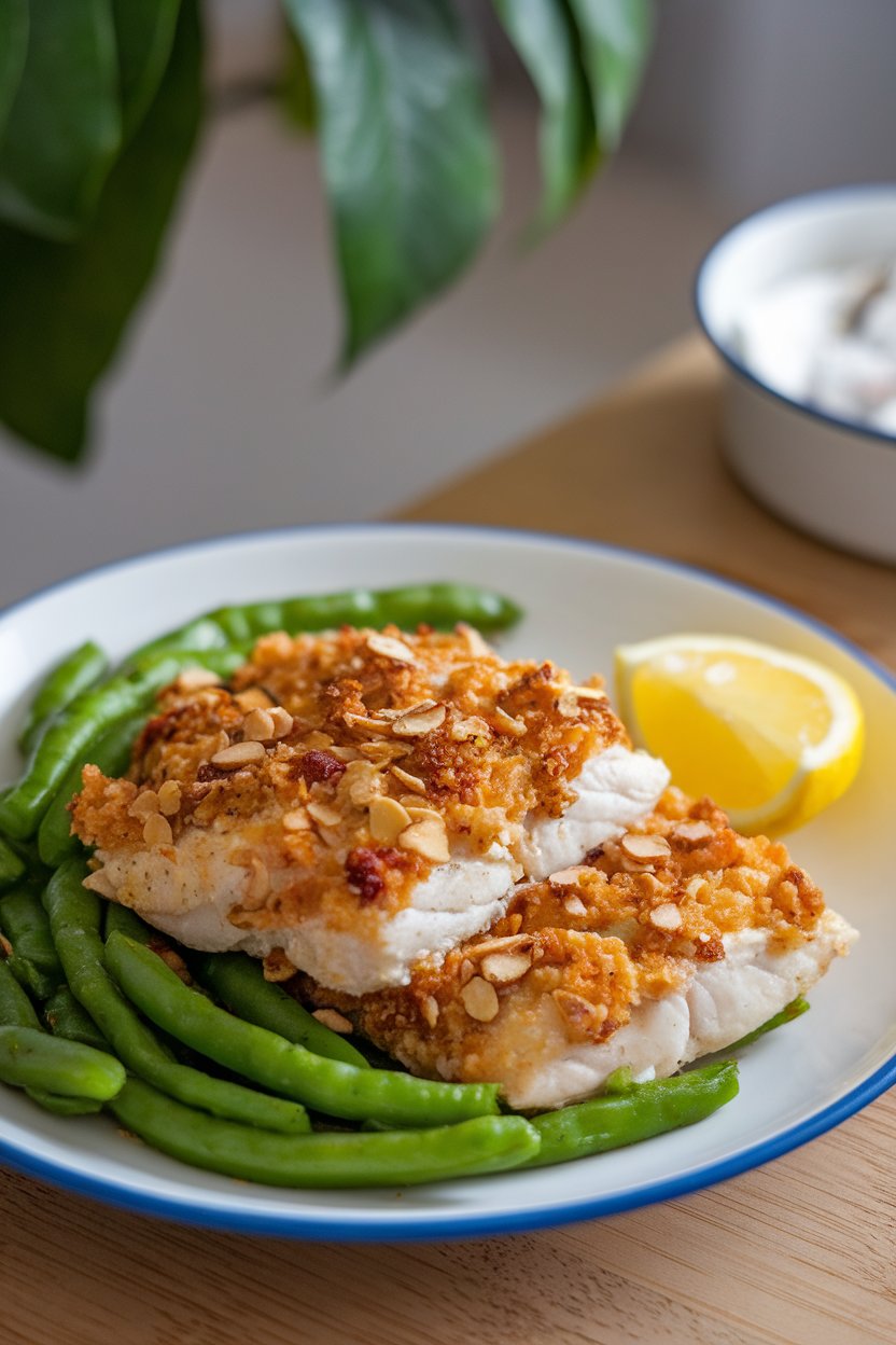 A dinner plate indoors showing golden almond-crusted tilapia fillets beside bright green sautéed beans and a lemon wedge. No text or logos on plate.