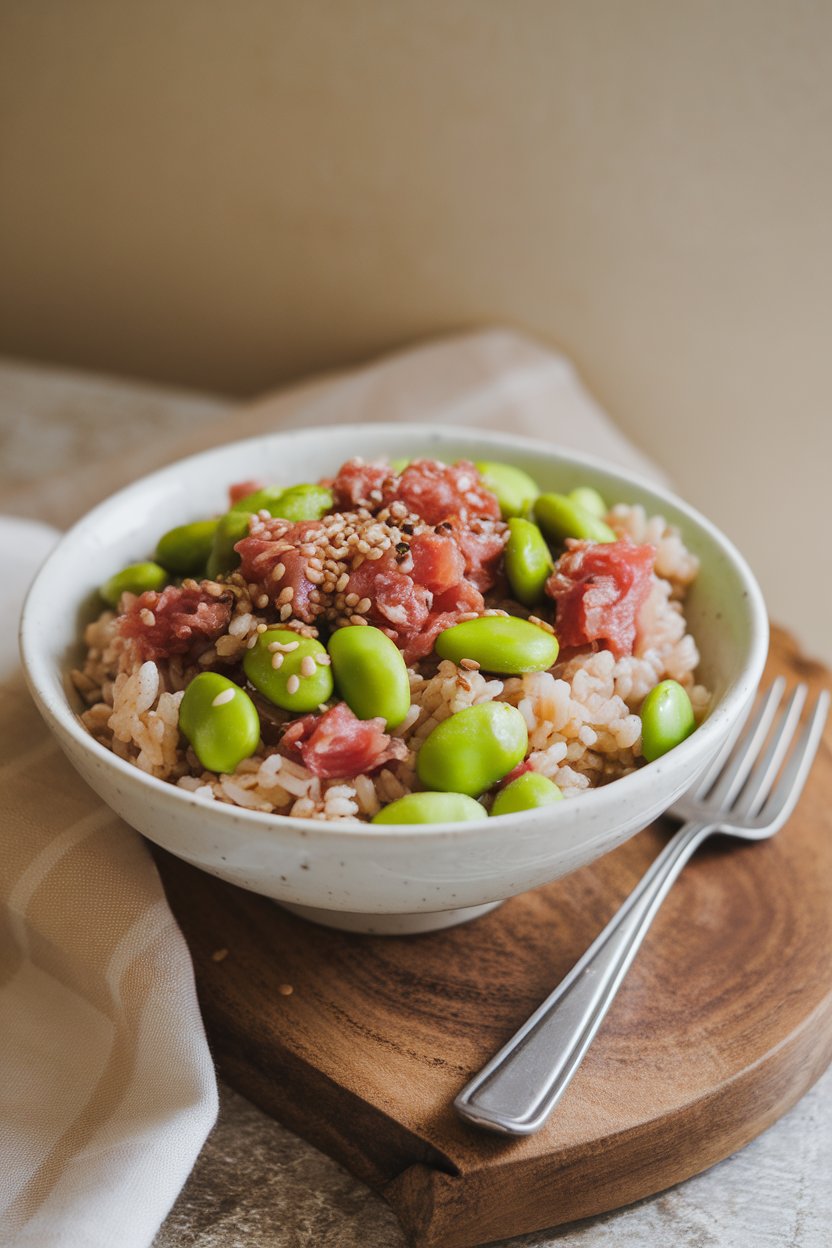 Bowl of brown rice mixed with bright green edamame and tuna chunks, sprinkled with sesame seeds, indoor, no branding.