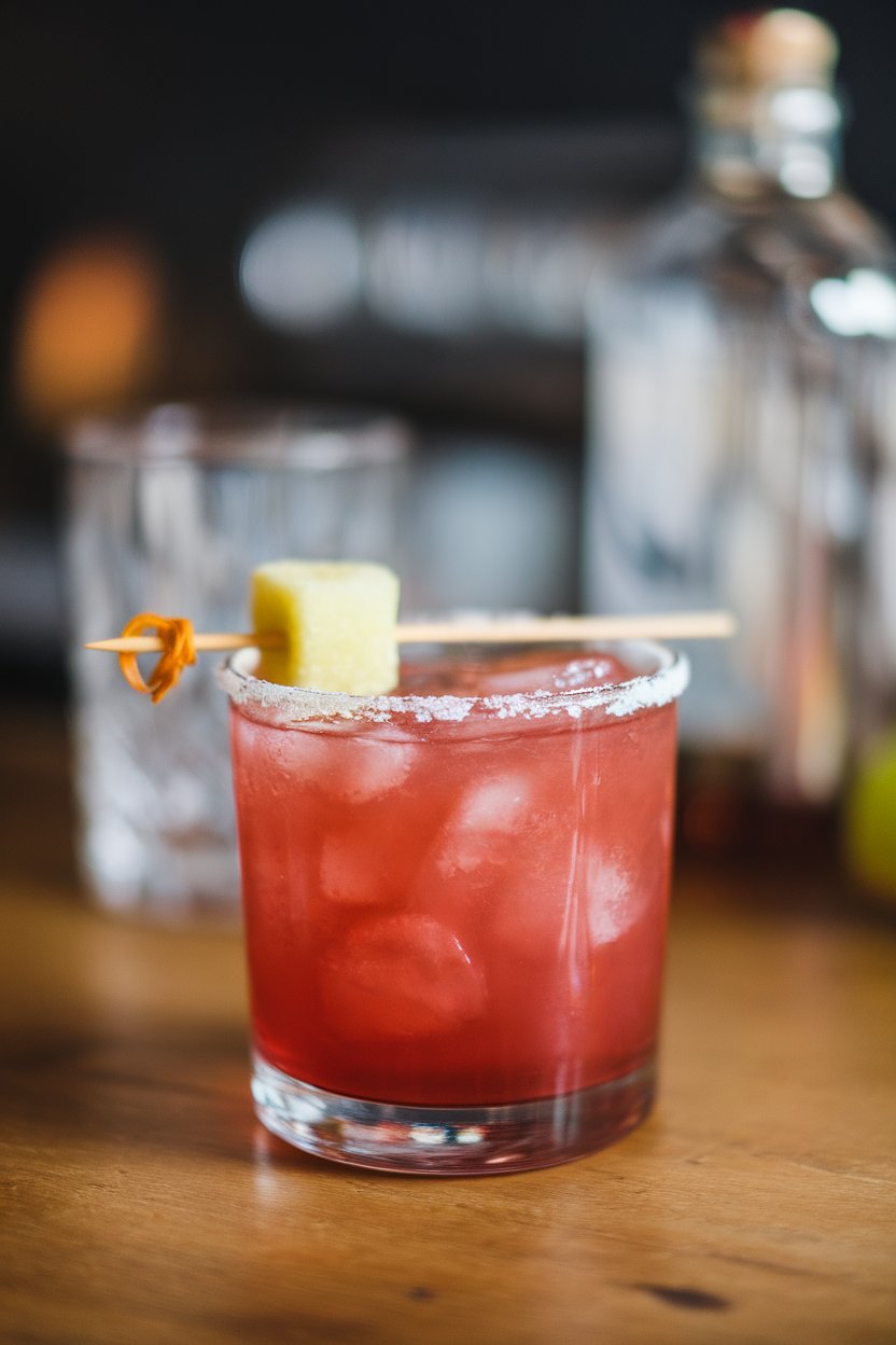 Indoor close-up, clear rocks glass of crimson margarita with candied ginger cube on pick; no text or logos.