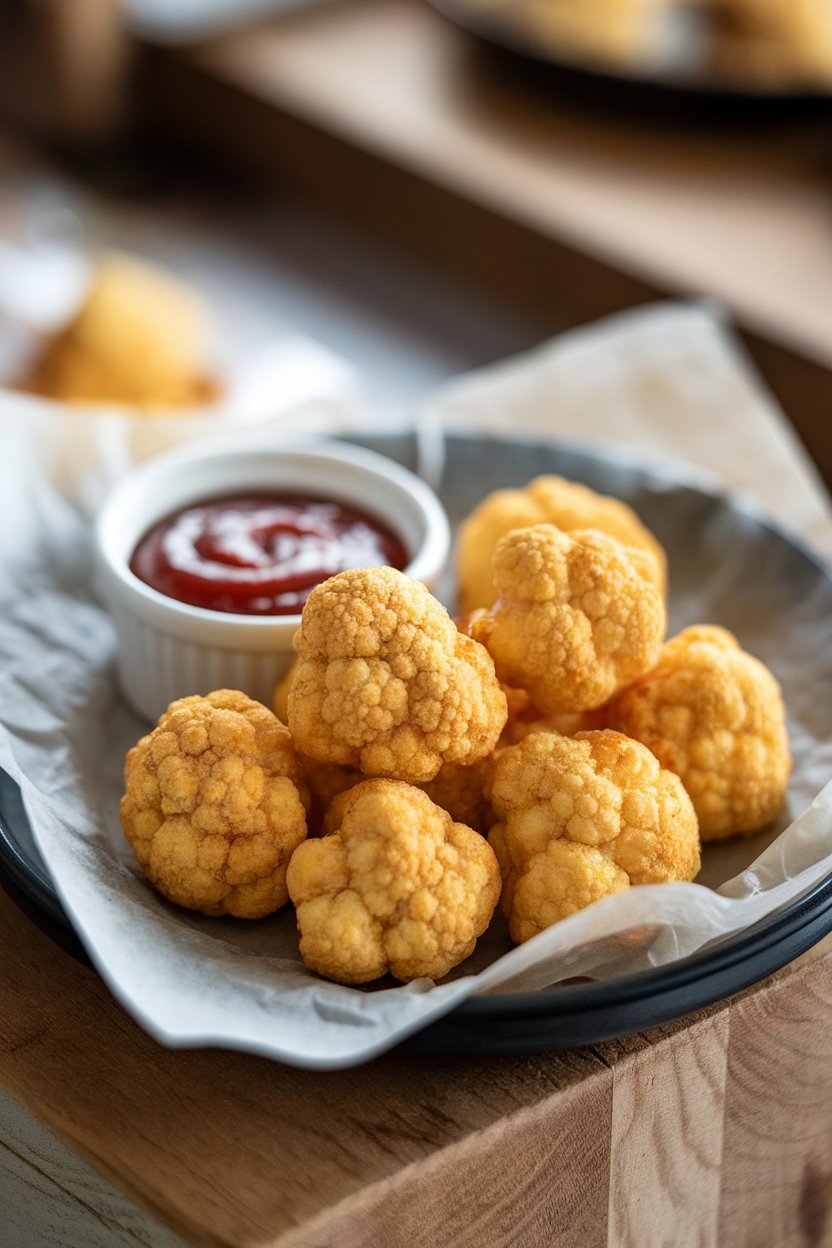 A parchment-lined plate with golden cauliflower tots beside a small ramekin of ketchup. No text or logos.