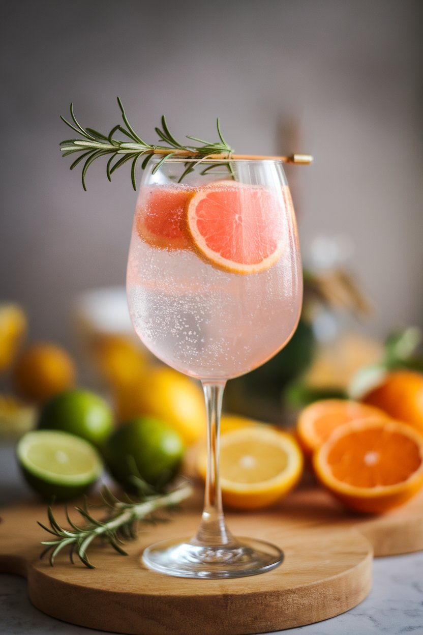 A photo of an indoor wine glass with pale pink grapefruit juice topped with sparkling water and a rosemary twig; no text or logos.
