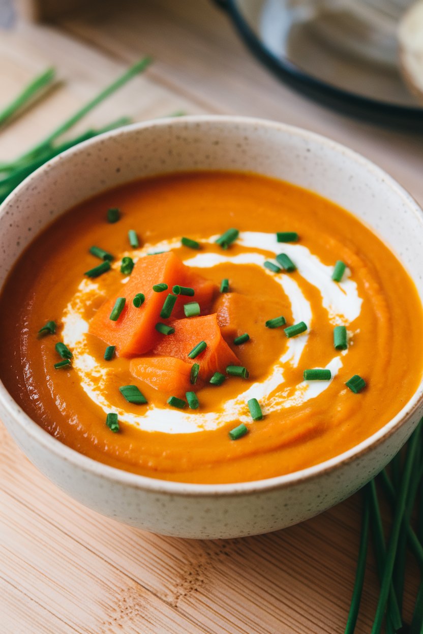 An indoor bowl of smooth orange soup made from roasted carrots, garnished with a swirl of coconut milk and chopped chives; no text or logos; photo.