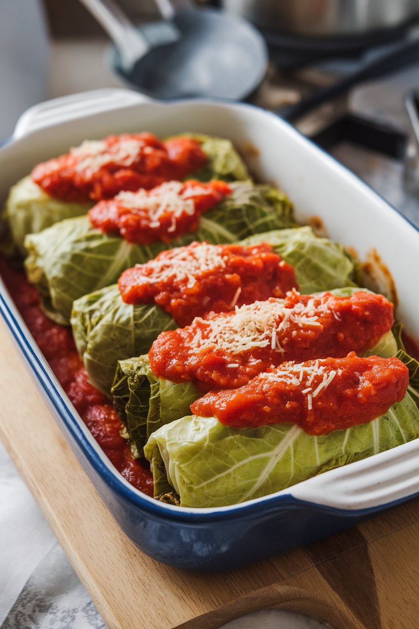 An indoor baking dish showing cabbage rolls lined up and topped with tomato sauce; photo only, no text or logos.