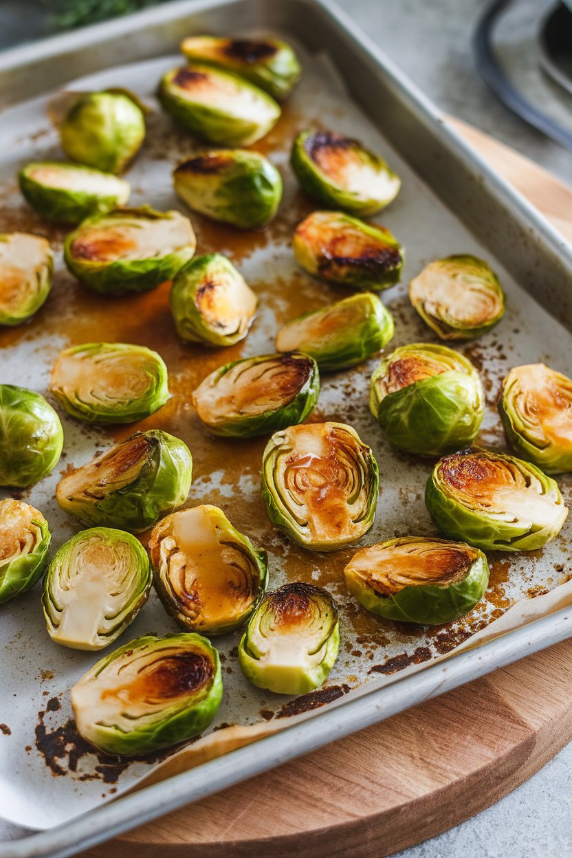 Photo of halved Brussels sprouts glazed with maple syrup on a baking sheet, golden and caramelized, taken indoors. No logos or text present.
