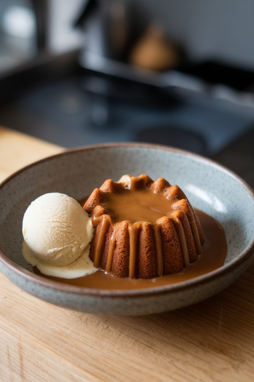 A shallow bowl indoors holding a warm date sponge drenched in toffee sauce, scoop of vanilla ice cream melting beside, no logos. Photo.