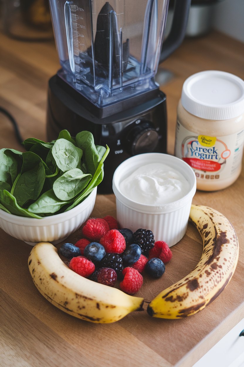 Photo — Prepped smoothie ingredients indoors: spinach, banana, berries, Greek yogurt, and almond butter arranged beside a blender. No text or logos.