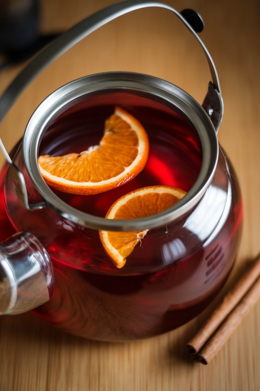 Photo of an indoor teapot with deep red hibiscus tea and floating orange slices, cinnamon stick nearby, no text or logos.