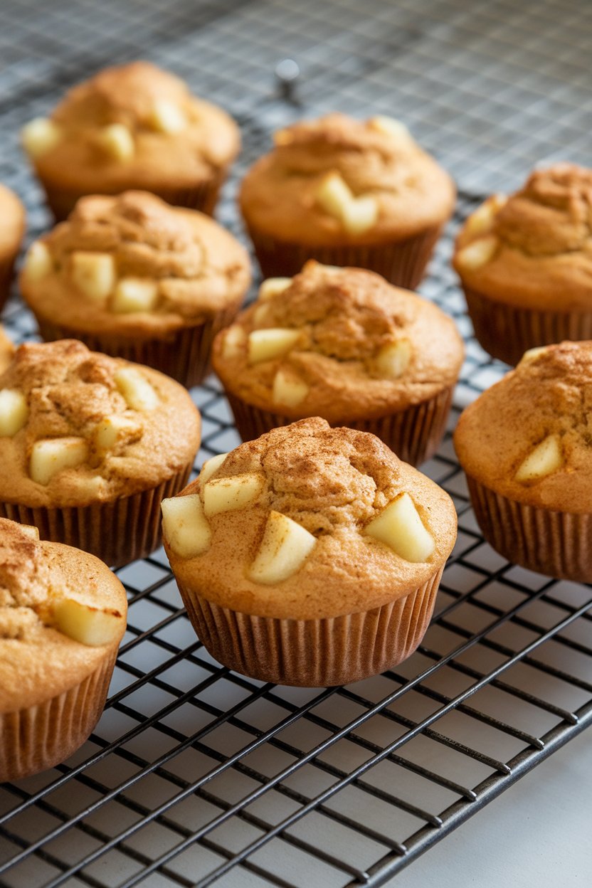 An indoor cooling rack holding several golden muffins dotted with apple chunks; a light dusting of cinnamon visible, no brand names.
