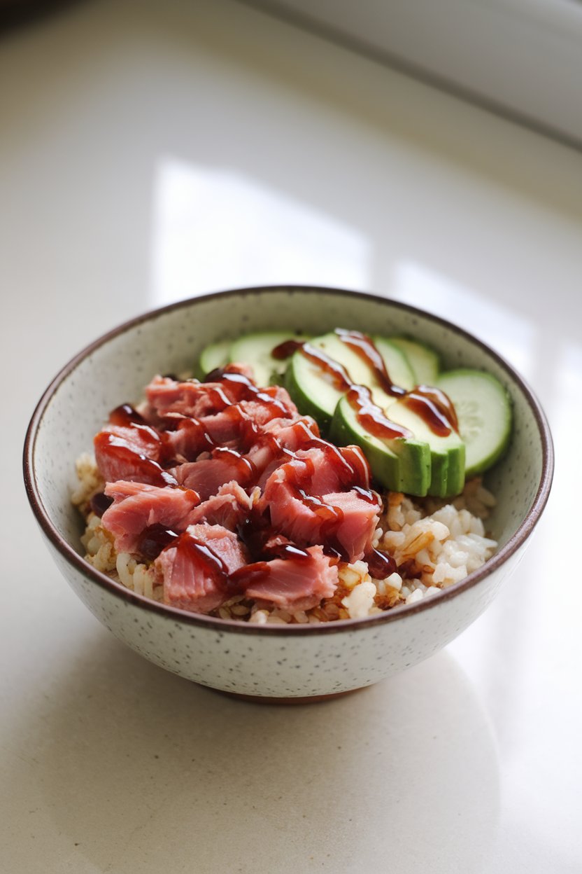 Indoor photo of a bowl containing seasoned rice, canned tuna, cucumber, and avocado drizzled with soy sauce; bright countertop, no text or logos