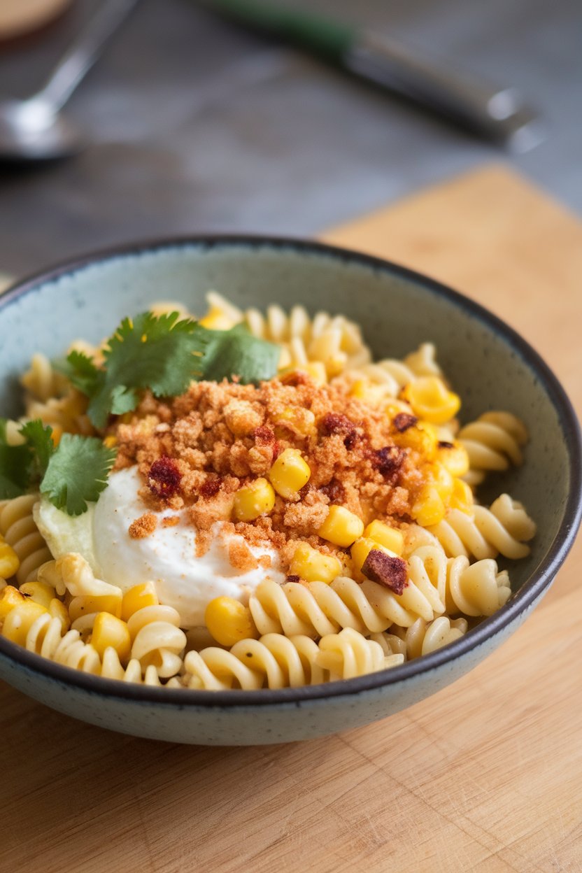 Indoor bowl of fusilli with grilled corn kernels, lime crema, cotija crumbles, and cilantro. No text or logos.