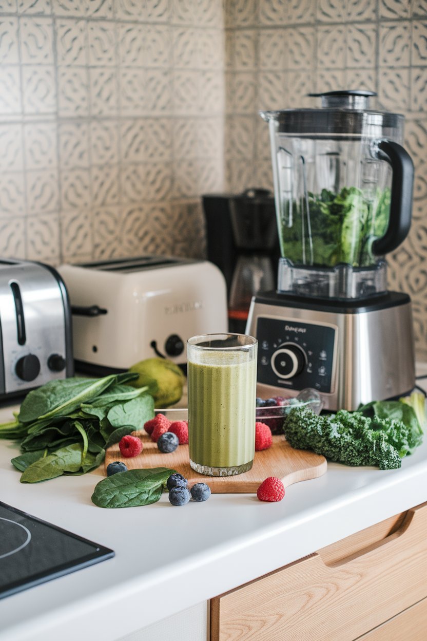 An indoor kitchen counter with a tall glass of vibrant green smoothie beside a blender, no text or logos on equipment.