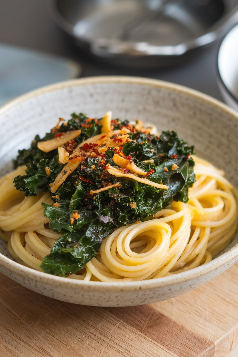 Indoor pasta bowl of glistening spaghetti tossed with sautéed kale, garlic slivers, and chili flakes, finished with lemon zest. Photo only, no text or logos.