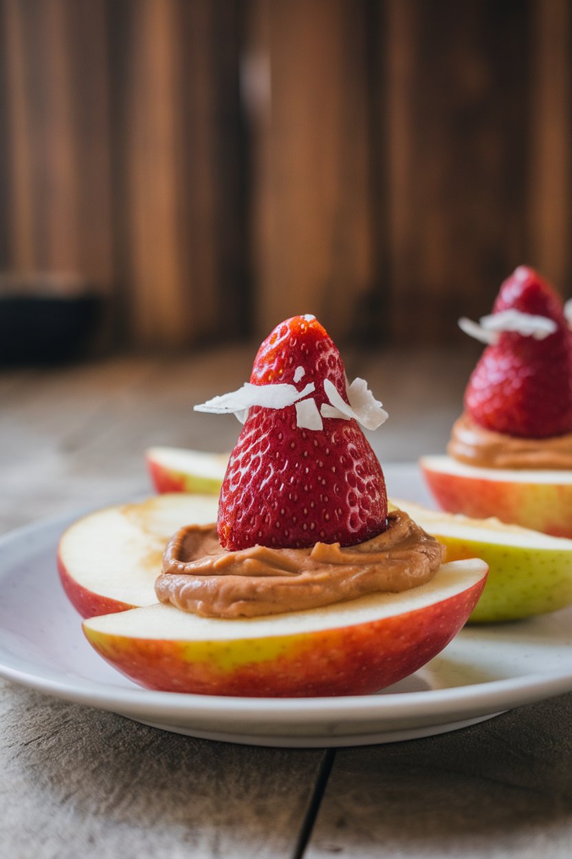 Photo of a plate indoors showing apple wedges topped with a smear of peanut butter and a strawberry “hat” tip, coconut flakes as the hat brim, no text or logos.