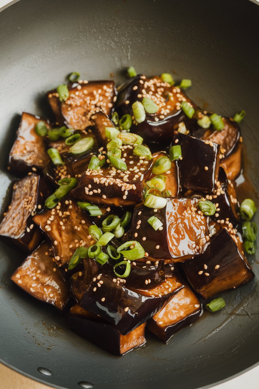 An indoor wok scene with glossy cubes of eggplant coated in sticky sesame-soy glaze, sprinkled with scallions. No text or logos; photo, not illustration.