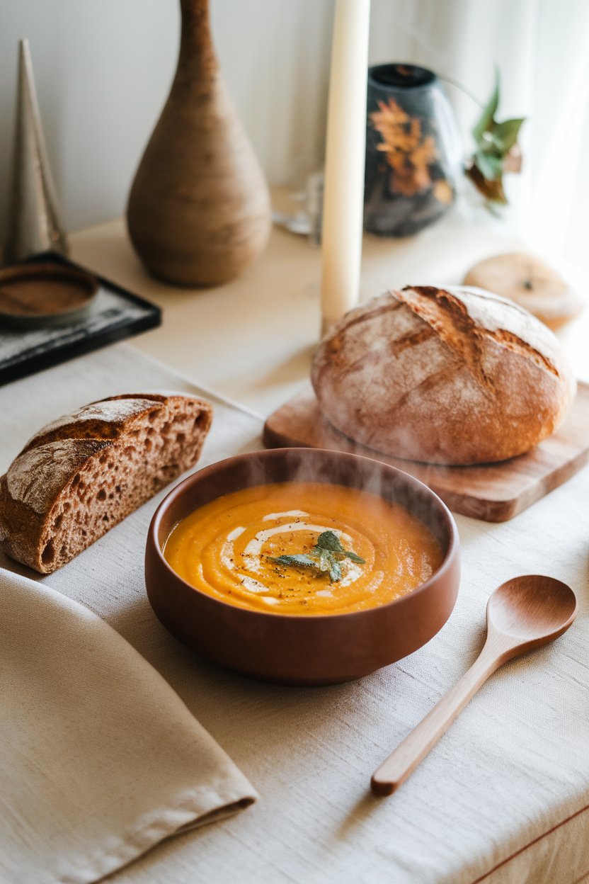 Photo of an indoor dining table set with a steaming bowl of butternut squash soup and whole-grain bread. No text or logos present.