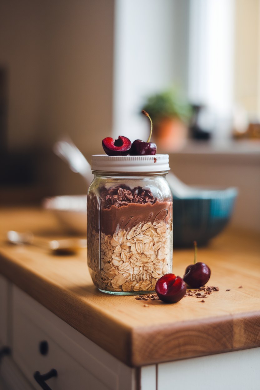 An indoor countertop view of a mason jar full of chocolate-colored oats, garnished with halved cherries and cacao nibs. Warm, even lighting; no branding. Photo, not illustration.