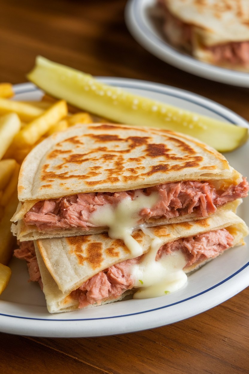 Indoor lunch plate, tuna melt quesadilla with melted Swiss oozing, photo, no text or logos.