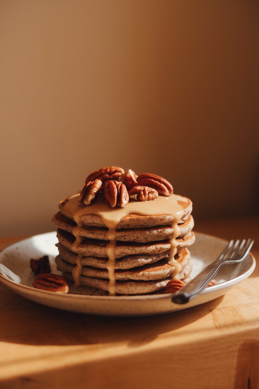 Warm indoor photo of teff pancakes topped with toasted pecans and a light maple drizzle, no text or logos.