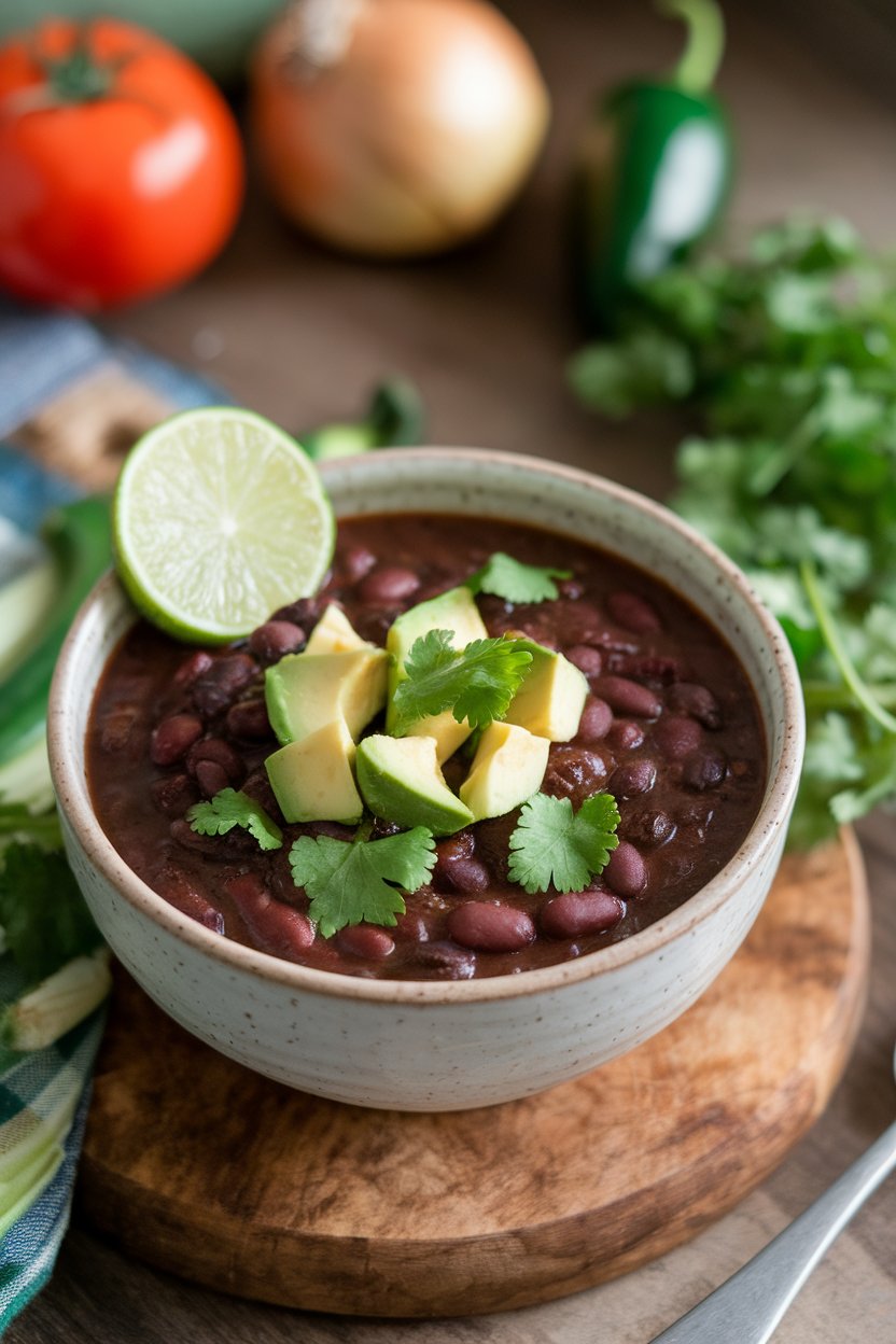 Photo prompt: Indoor soup bowl filled with chunky black bean soup, topped with diced avocado and cilantro sprigs, lime wedge on rim. No text or logos.
