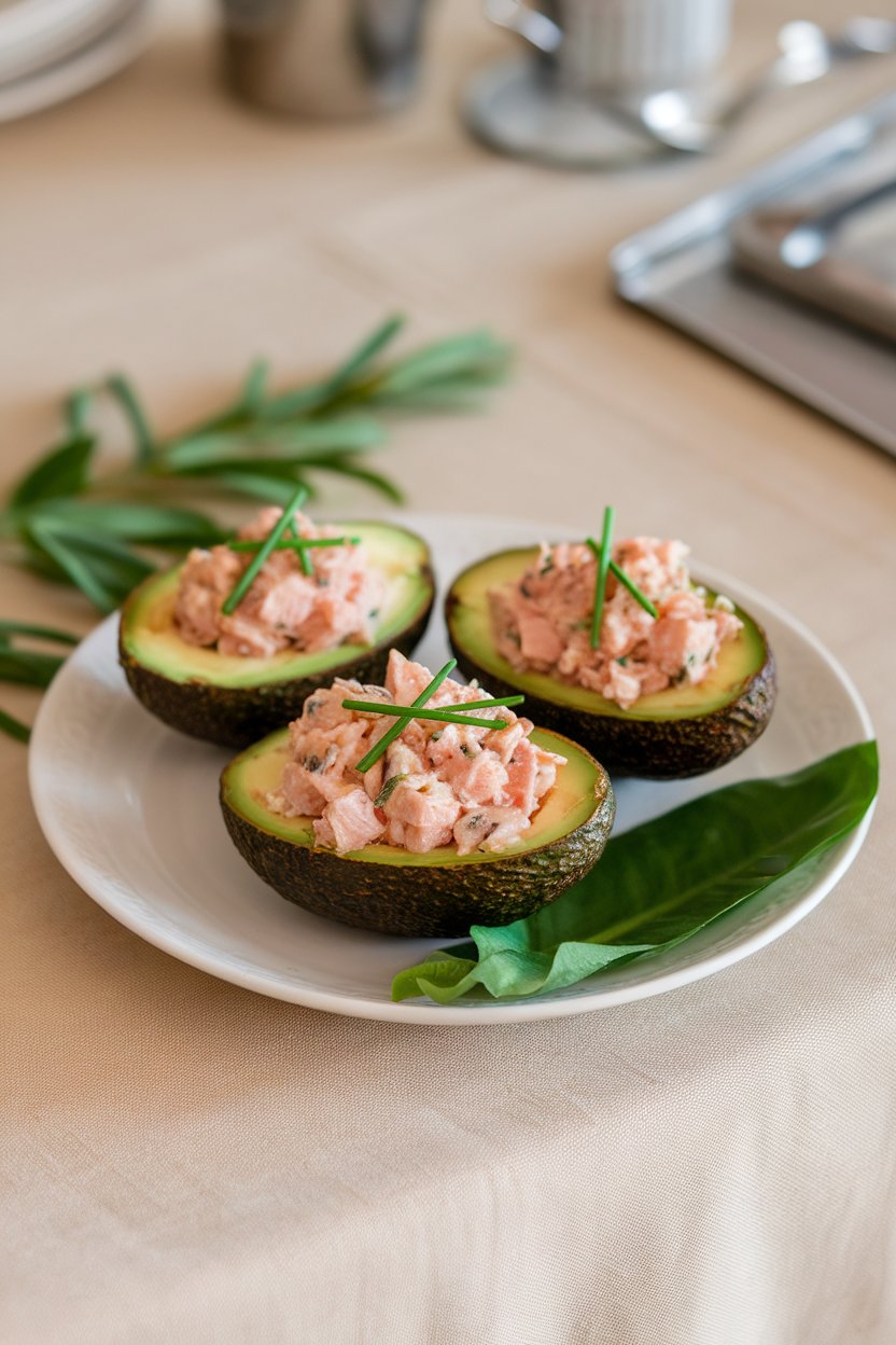 An indoor table displaying halved avocados filled with tuna salad garnished with chives. No text or logos. Photo.