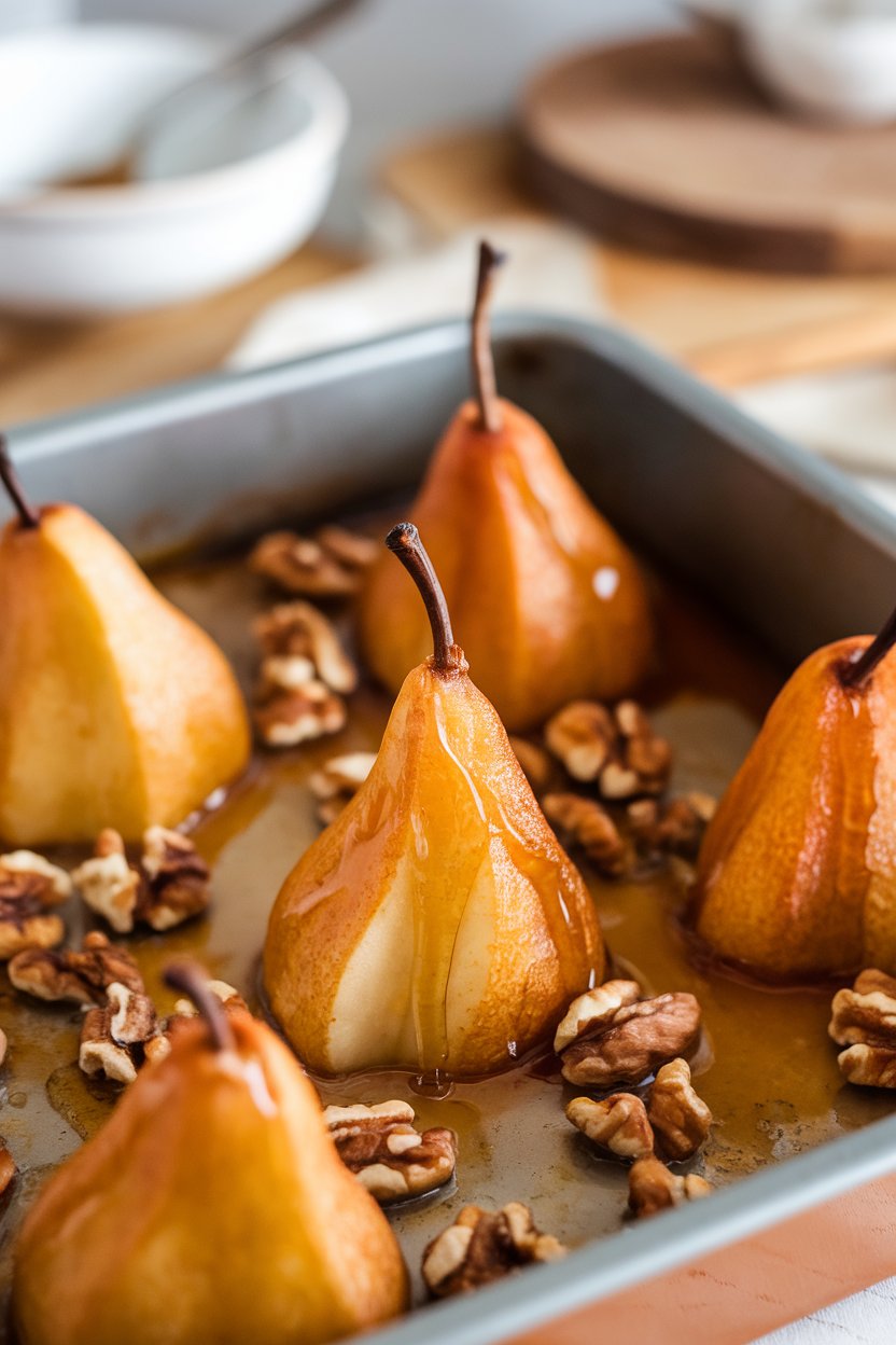 Photo of an indoor baking dish containing caramelized pear halves drizzled with honey and topped with walnut pieces, no text or logos.