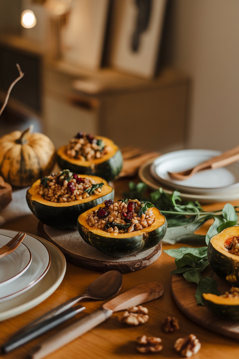 A warmly lit indoor dining table with halved acorn squash roasted to a golden hue, each cavity filled with herbed farro studded with cranberries and spinach. No text or logos.
