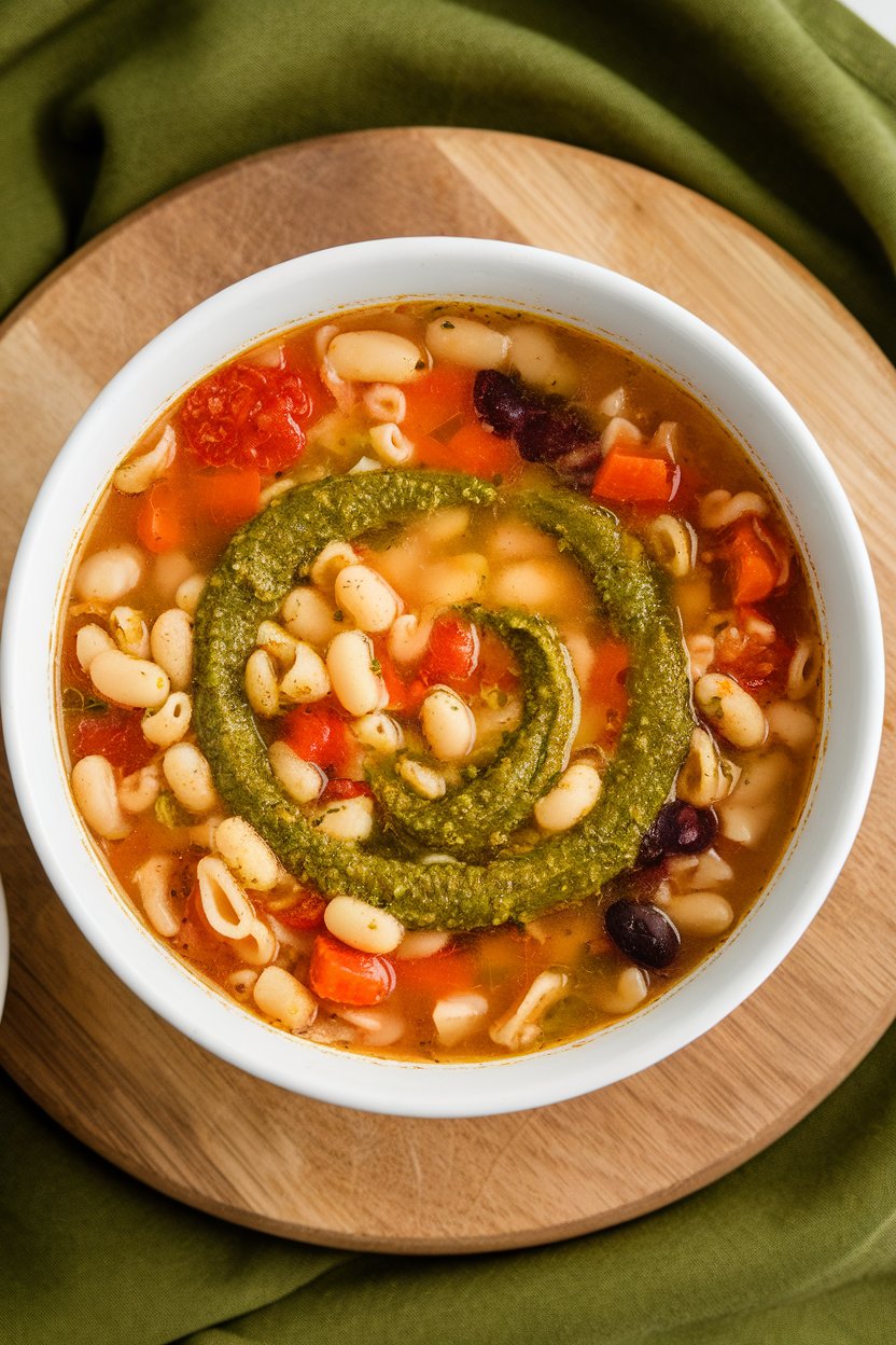 Indoor food photo of vibrant minestrone soup with green pesto swirl in a soup bowl; no text or logos.