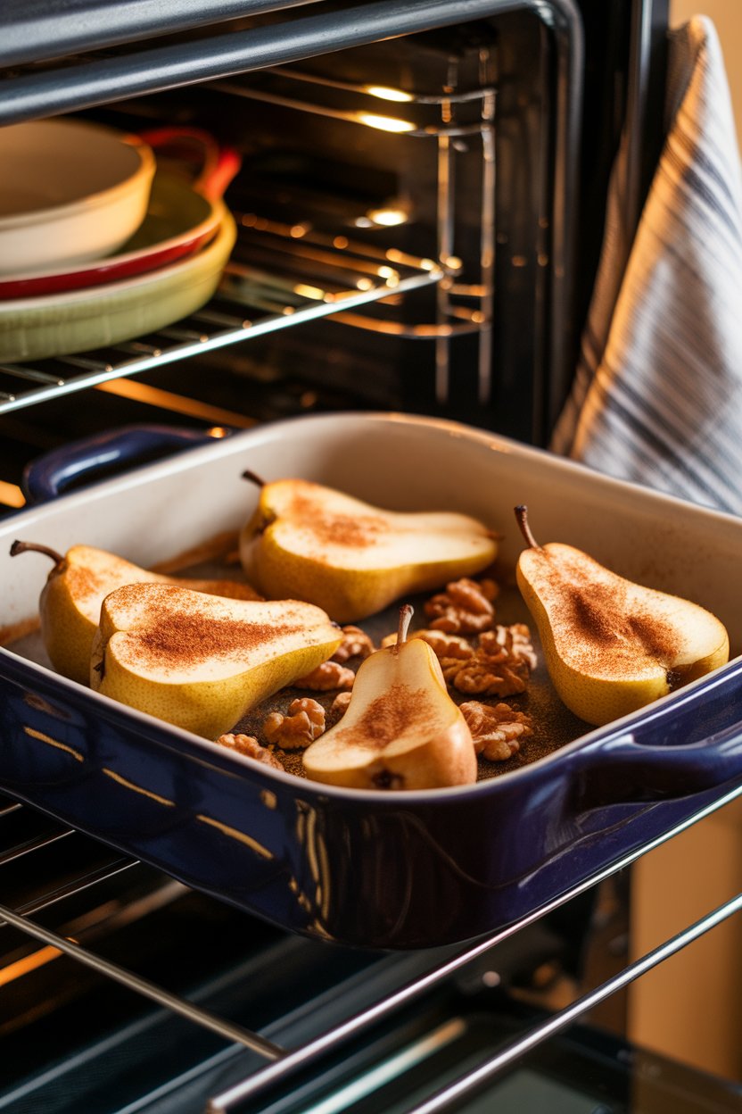A ceramic baking dish placed on an indoor oven rack showing halved pears baked until golden with cinnamon and walnuts, photo, no logos.