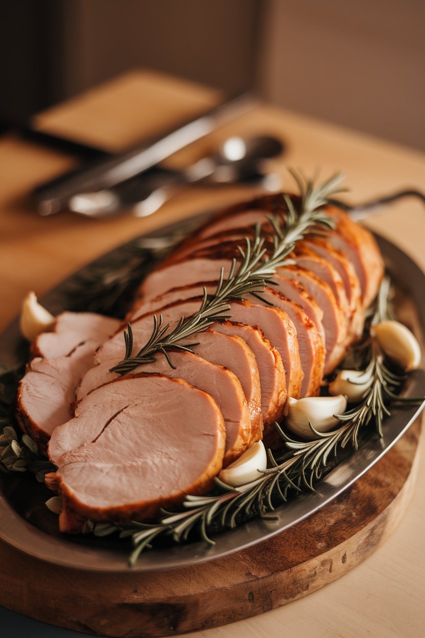 Indoor photo of sliced roasted turkey breast on a platter with rosemary sprigs and garlic cloves, warm indoor lighting. No text or logos.