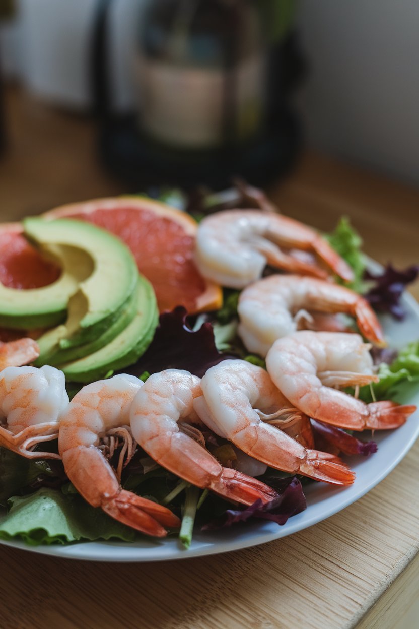 An indoor plate with chilled cooked shrimp arranged over mixed greens, avocado slices, and grapefruit segments. No text or logos. Photo.