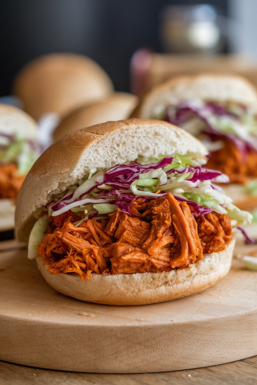Indoor photo of a whole-wheat bun piled with saucy pulled jackfruit and crunchy slaw, no text or logos.