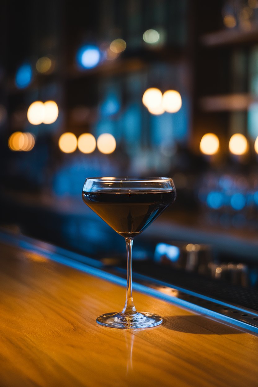 A sleek indoor bar with a chilled martini glass of jet-black Midnight Martini illuminated by soft candlelight. No text or logos.