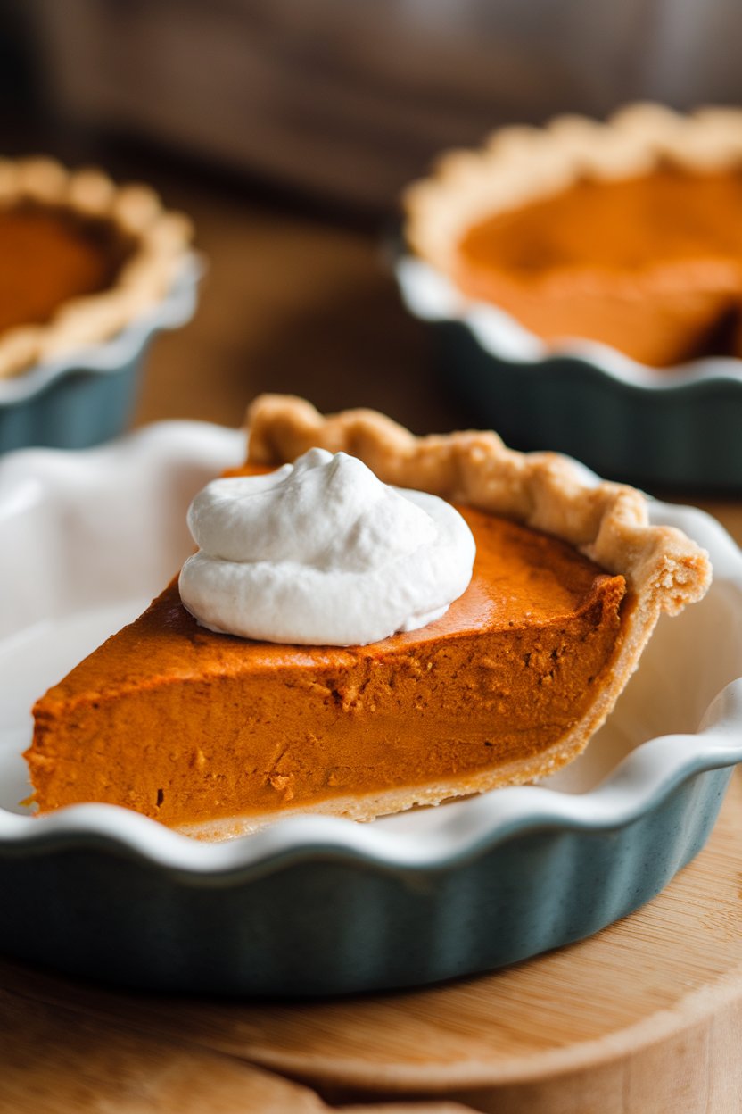 An indoor pie dish holding a slice of pumpkin pie served with a dollop of whipped coconut cream; no text or logos, photo only