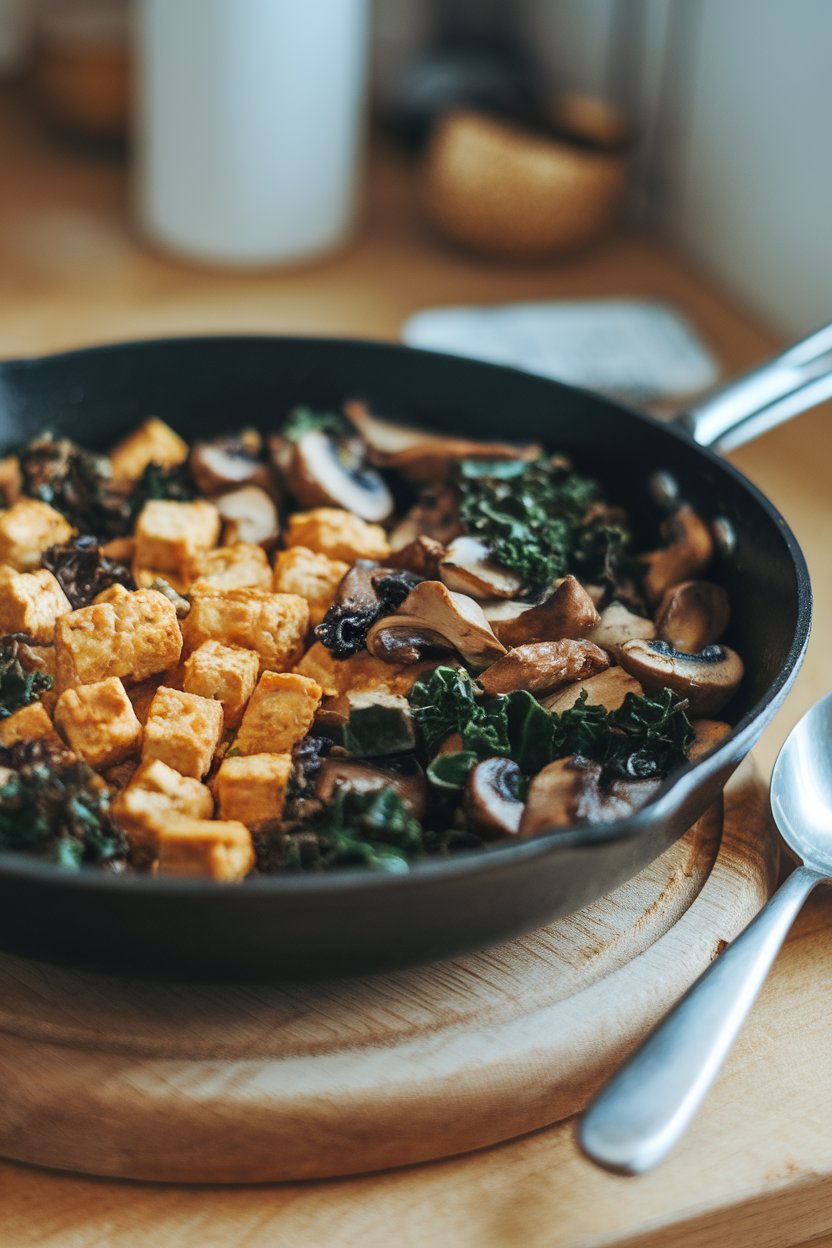 An indoor skillet showing crumbled golden tofu mixed with sautéed mushrooms and kale ribbons; steam rising, no logos.