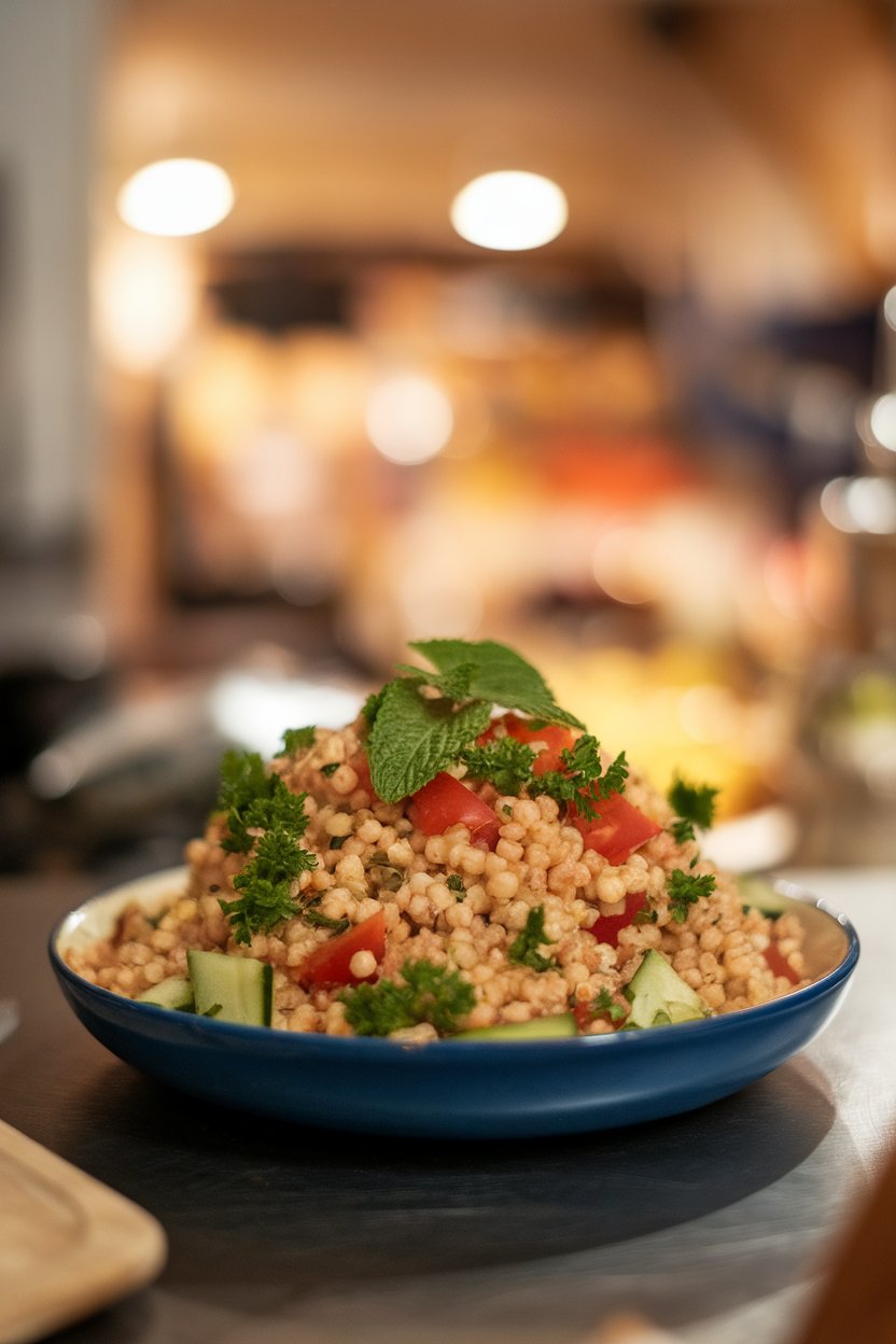 Photo of fluffy millet tossed with parsley, tomato, cucumber, and mint on an indoor counter, no text or logos.