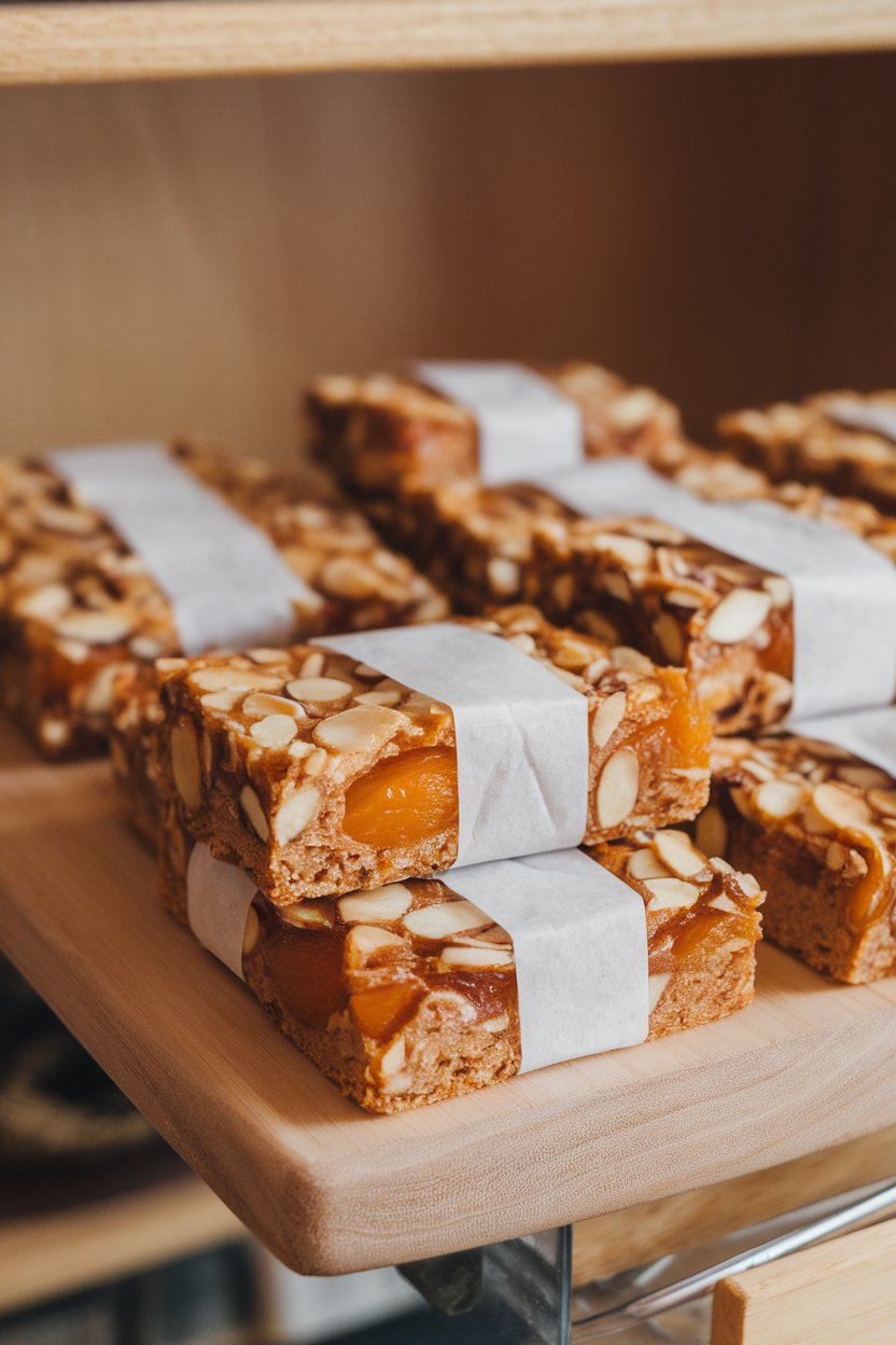 An indoor cutting board displaying chewy apricot almond bars wrapped in parchment strips. No text or logos.