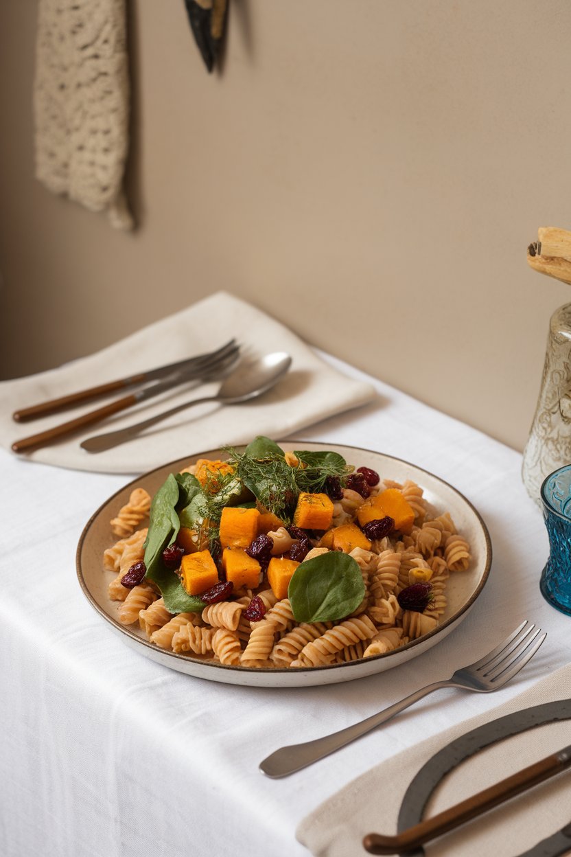 An indoor dining setup showcasing a platter of whole-grain pasta, roasted butternut cubes, dried cranberries, and baby spinach; no text or logos.