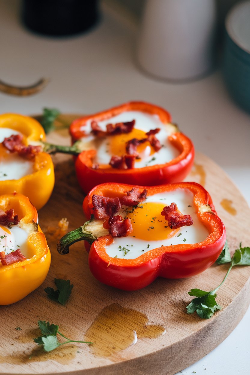 Indoor photo of halved bell peppers baked with eggs and turkey bacon bits inside, garnished with parsley, no text or logos