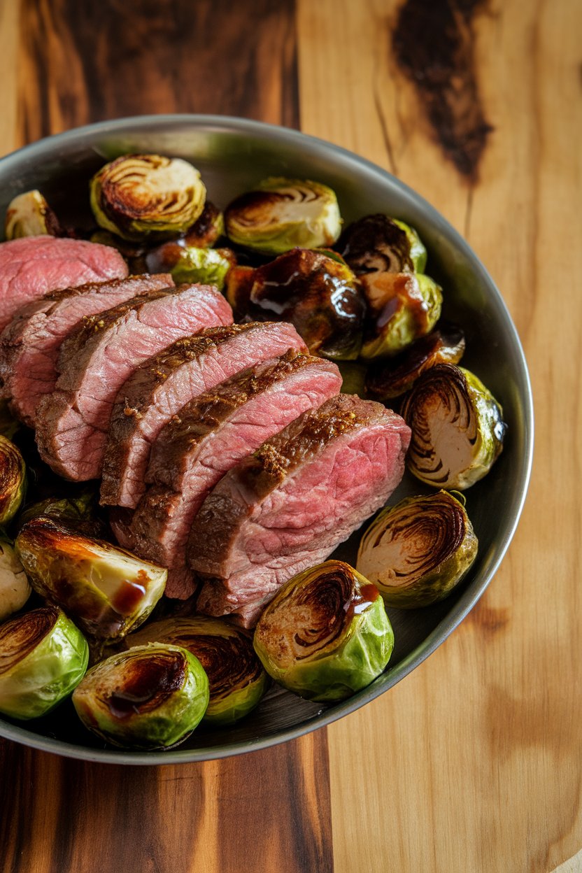 Indoor photo of sliced lean beef and halved Brussels sprouts glazed with balsamic reduction in a serving bowl, no text or logos