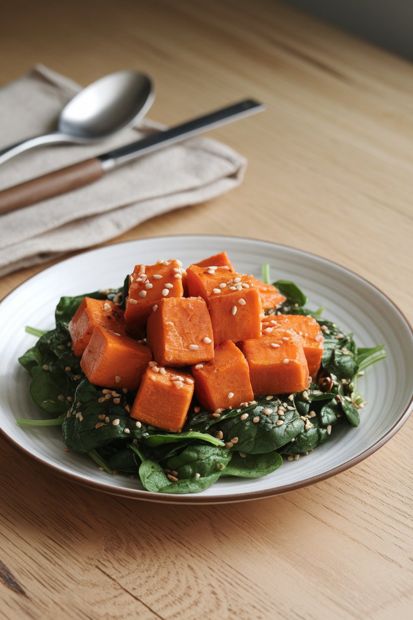 Photo of miso-glazed sweet potato cubes over baby spinach with sesame seeds, indoors, no text or logos.