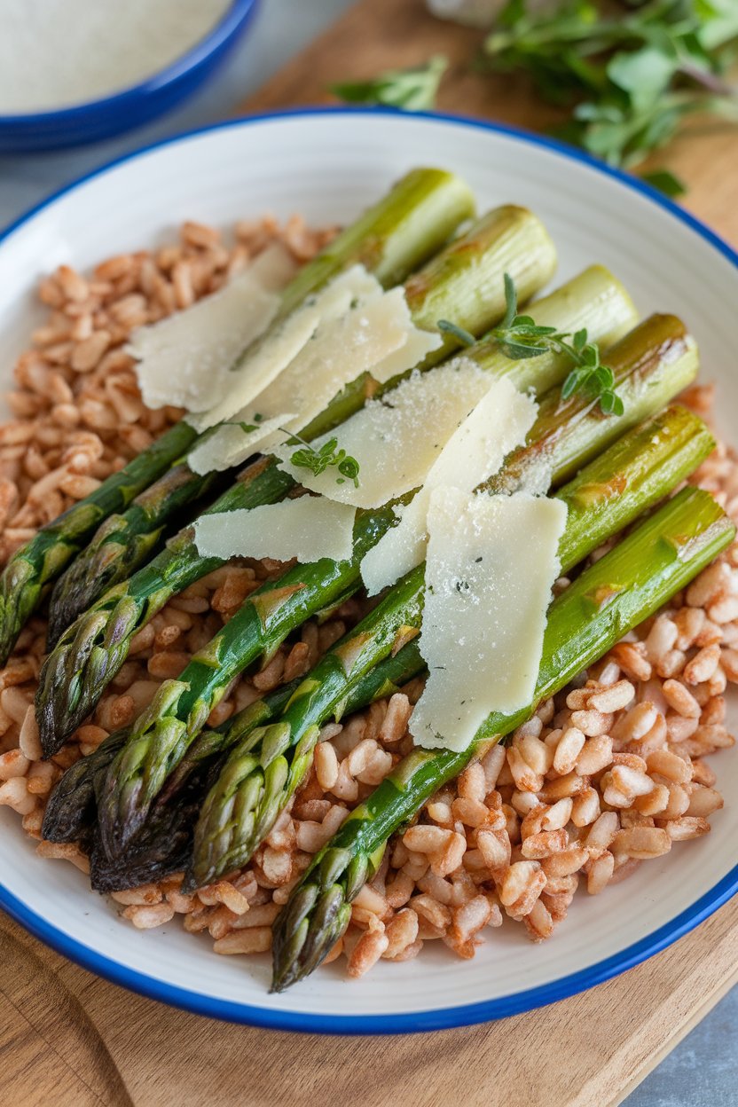 Photo of roasted asparagus spears chopped over farro with shaved parmesan on an indoor plate, no text or logos.