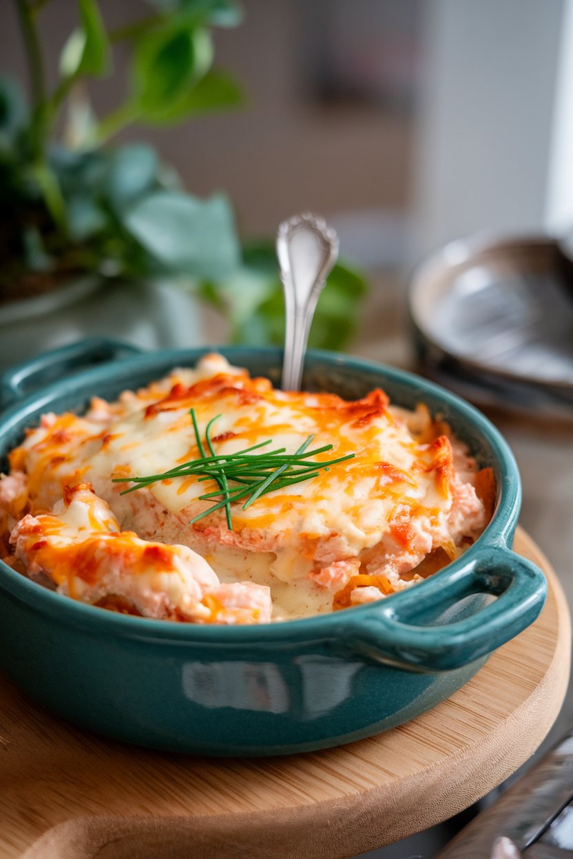 Stoneware dish indoors filled with creamy crab dip topped with melted cheese and chives, small spoon resting inside. No text or logos. Photo only.
