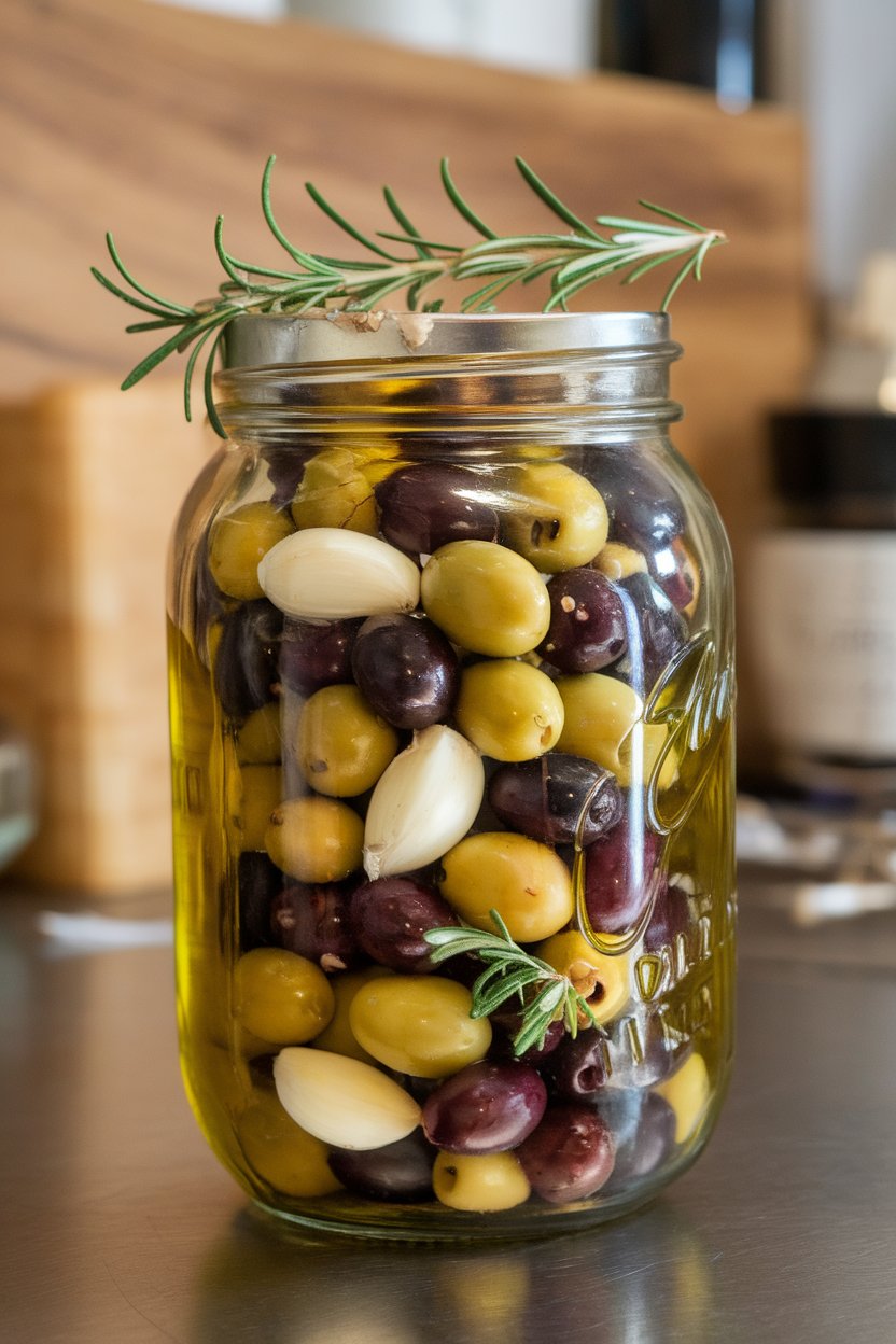 A glass jar on a countertop packed with mixed olives, garlic cloves, rosemary sprigs, and a drizzle of olive oil. No text or logos.