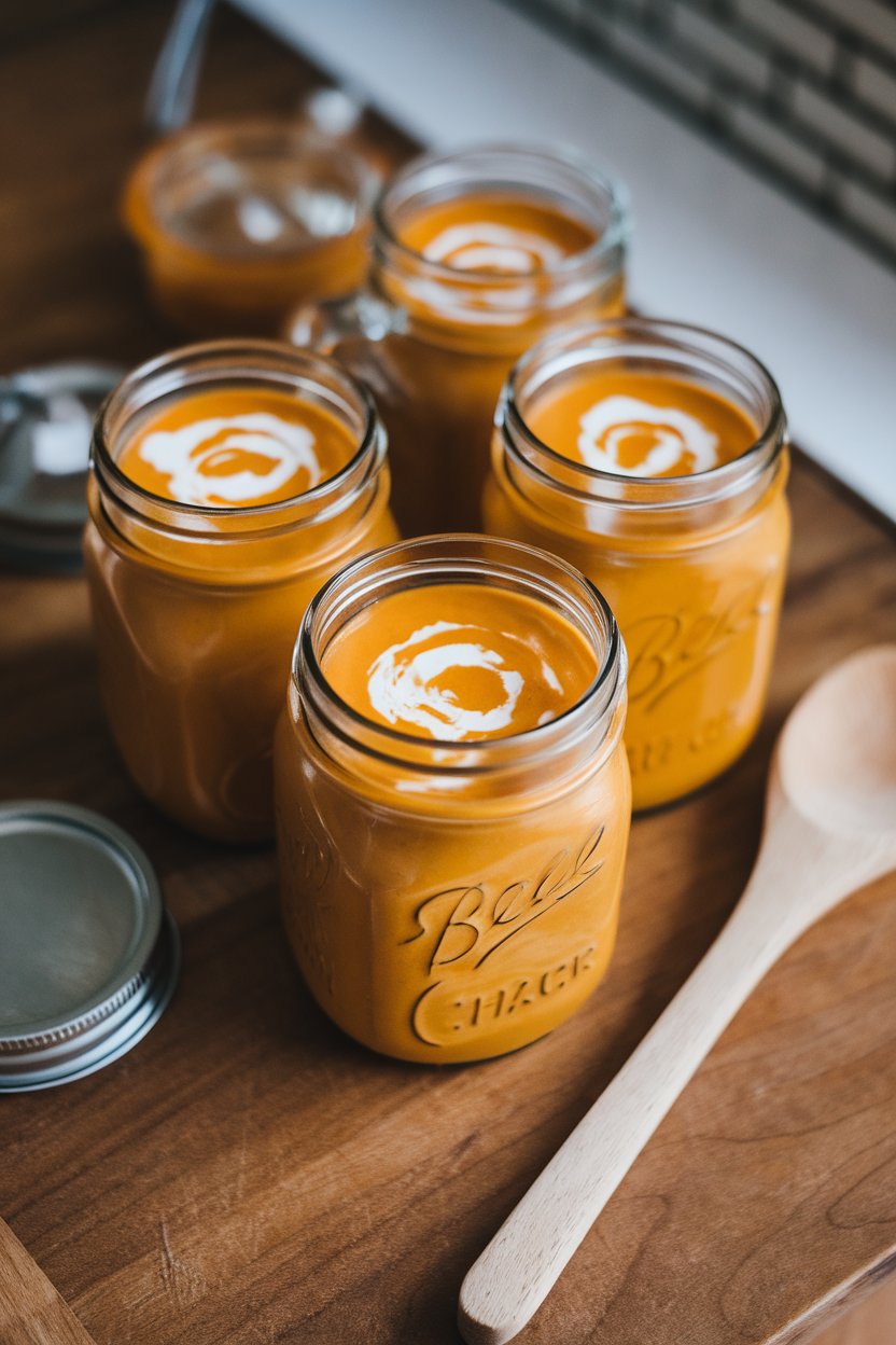 An indoor countertop with mason jars filled with creamy orange butternut squash soup, garnished by a swirl of coconut milk. No text or logos present.