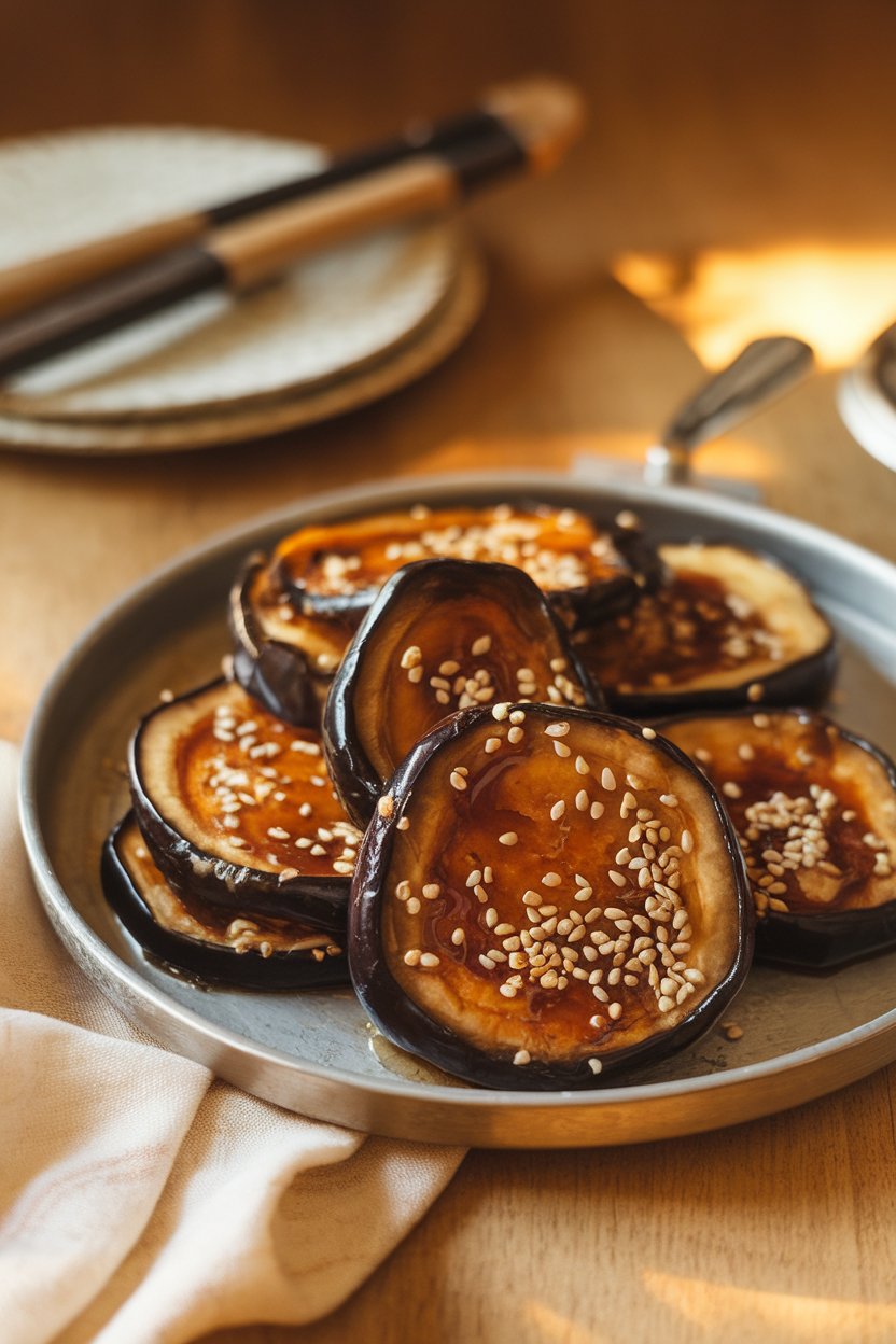 A warmly lit indoor serving platter featuring thick eggplant rounds coated in caramelized miso glaze, garnished with sesame seeds. No text or logos; photo only.