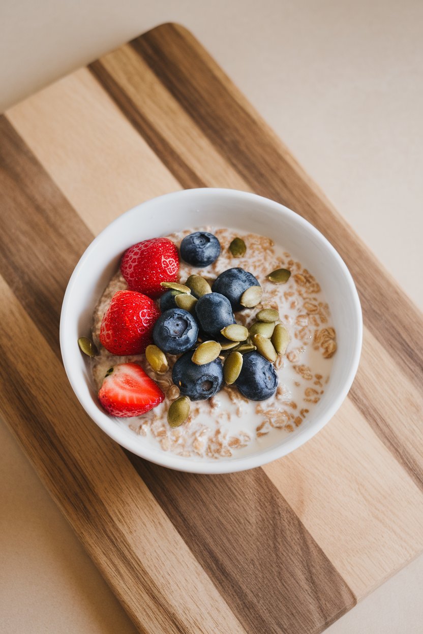 Indoor kitchen bowl of overnight oats topped with berries and pumpkin seeds on a wooden cutting board, no text or logos.
