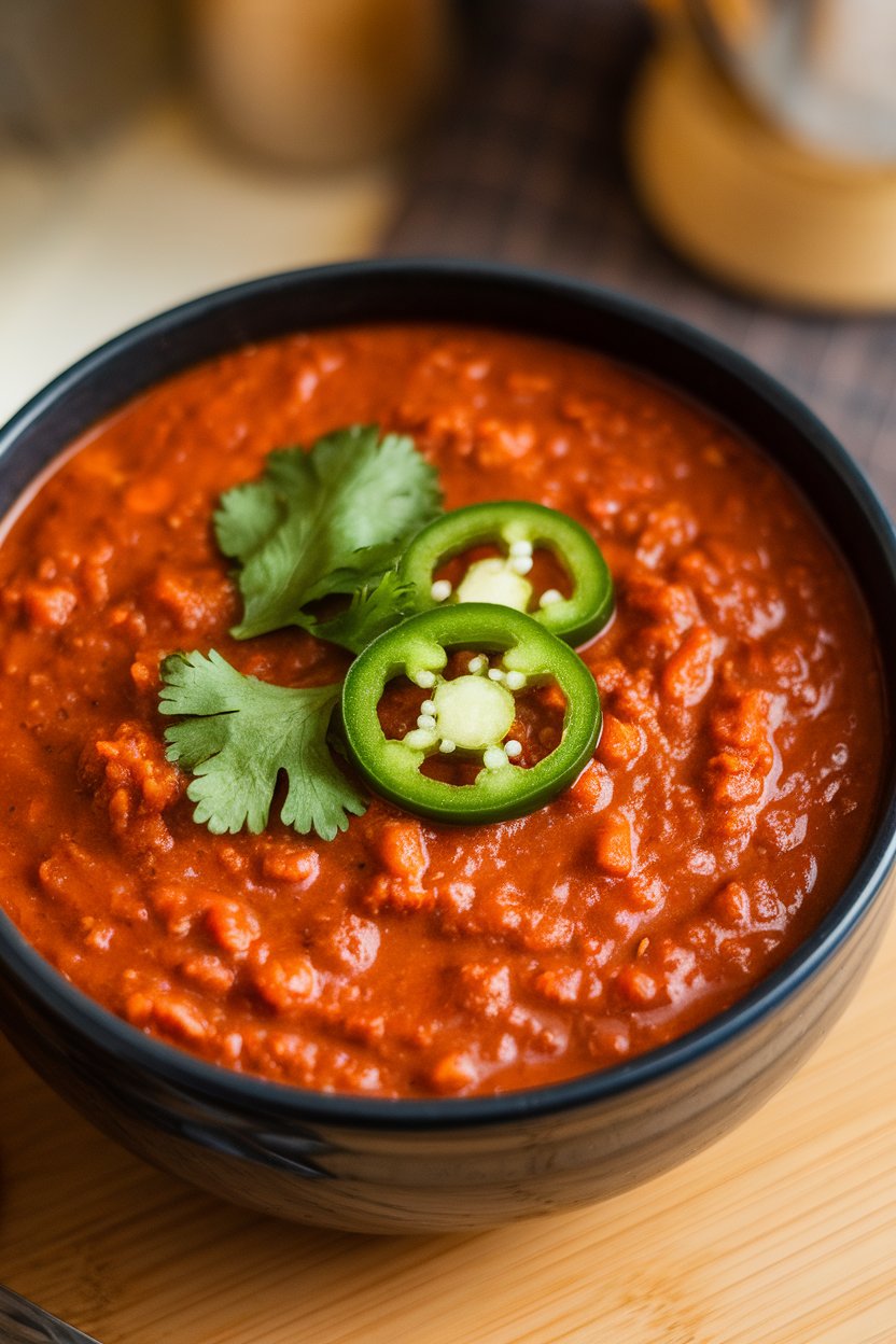 Indoor photo of a deep bowl of turkey chili garnished with sliced jalapeños and cilantro, no text or logos