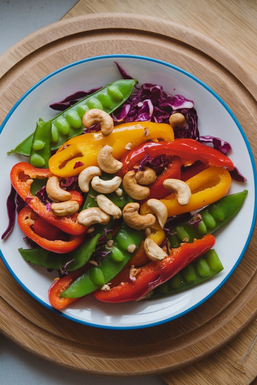 A colorful indoor plate of bell peppers, snap peas, purple cabbage, and roasted cashews in a light sauce. No text or logos. Photo, not illustration.