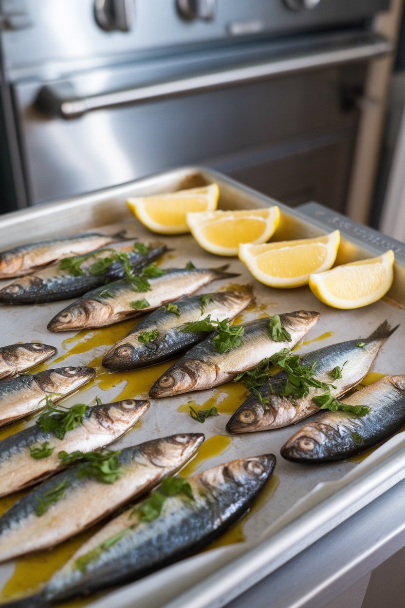 Indoor baking sheet displaying cooked sardines drizzled with olive oil and parsley, lemon wedges on side. No raw fish, no logos.